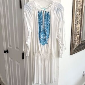 🌊 Melissa Odabash White & Teal Embroidered Beach Dress / Cover-Up 🌊